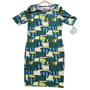 LuLaRoe Julia Form Fitting Dress Size XL Blue Yellow NWT
